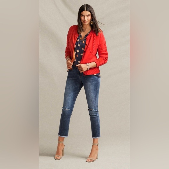 Cabi Orange Cable Knit Button Front Cardigan Sweater w/ Colorful Placket, Large - Picture 3 of 16